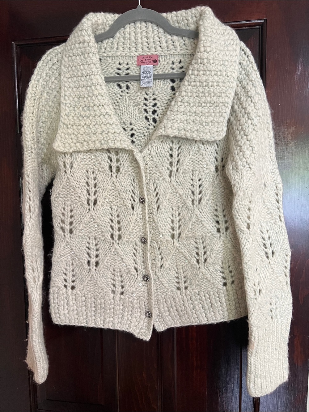 Hand-Knit Cream Button-Up Cardigan Sweater with Shawl Collar